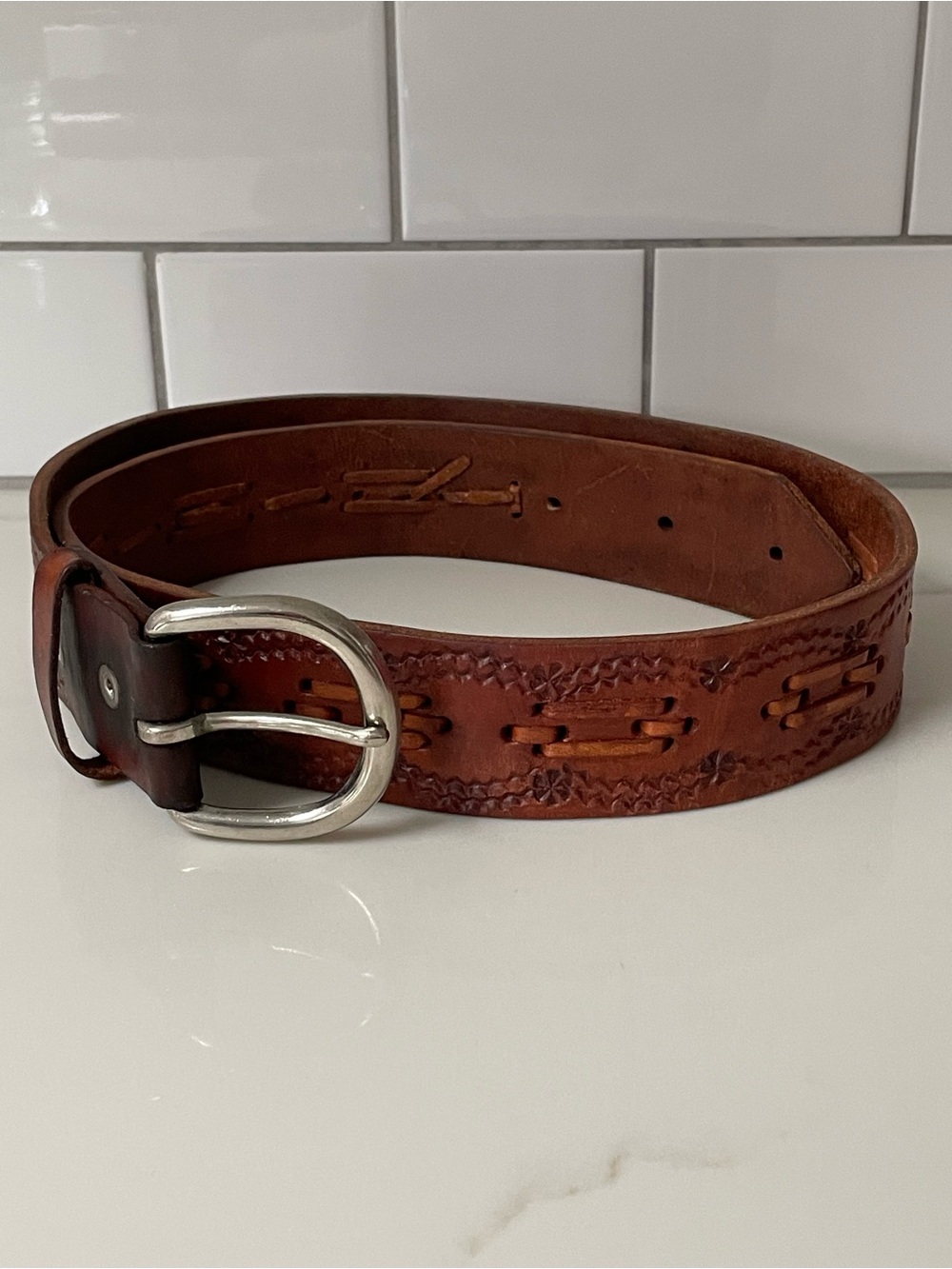 Vintage Southwestern Hand-Tooled Leather Belt, Size M/L